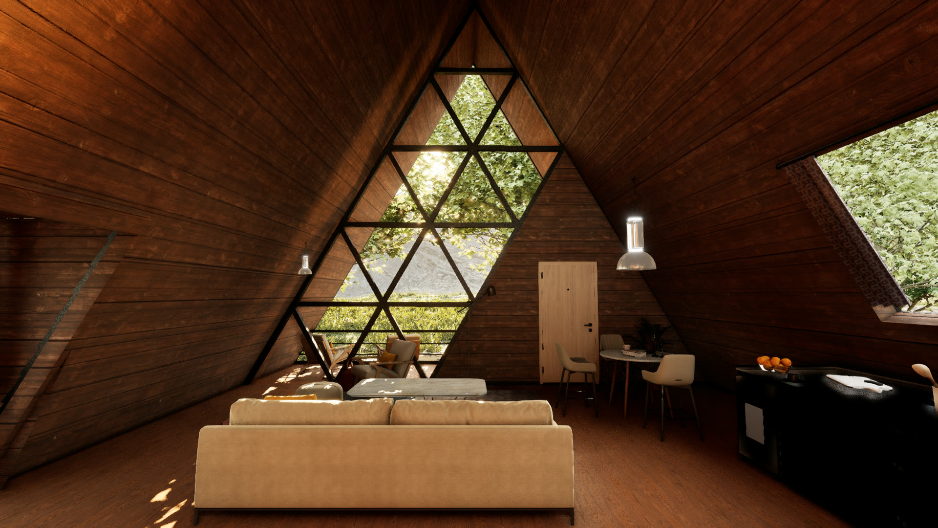 Living room under the triangular window wall, daytime
