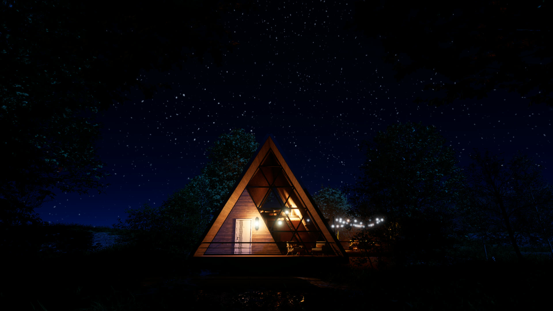 The A-frame cabin lit from within under a starry sky