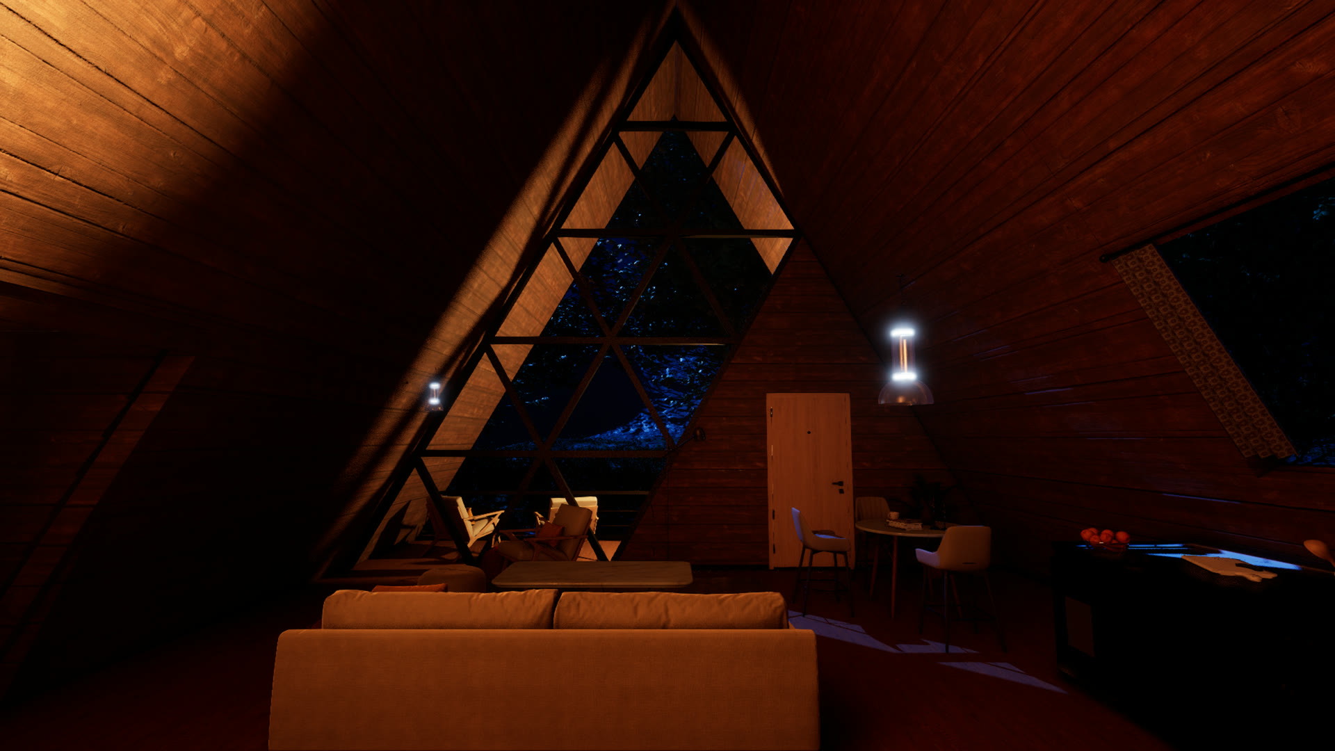 Living room under the triangular window wall, at night