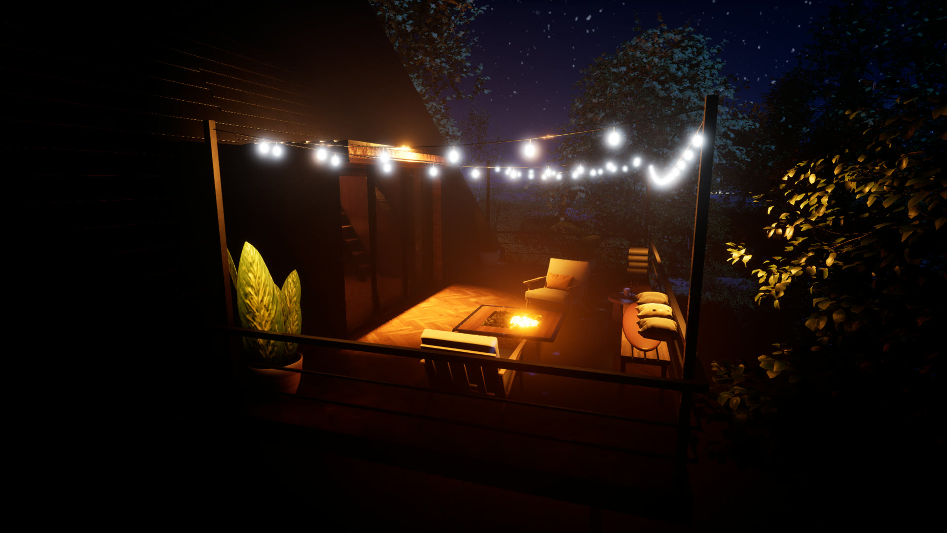 The deck at night under string lights, a fire pit burning