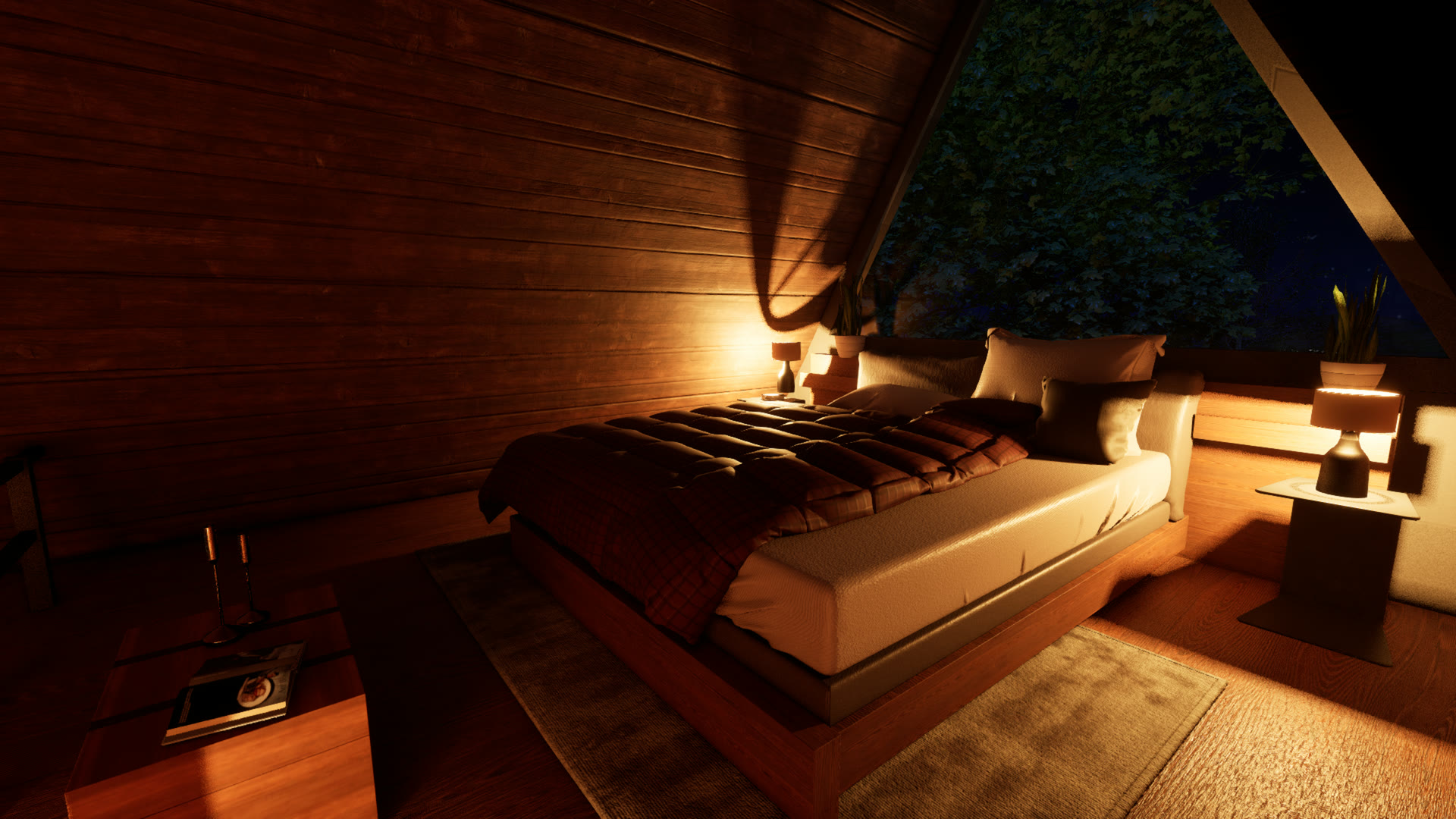 Loft bed beneath the sloped ceiling, at night